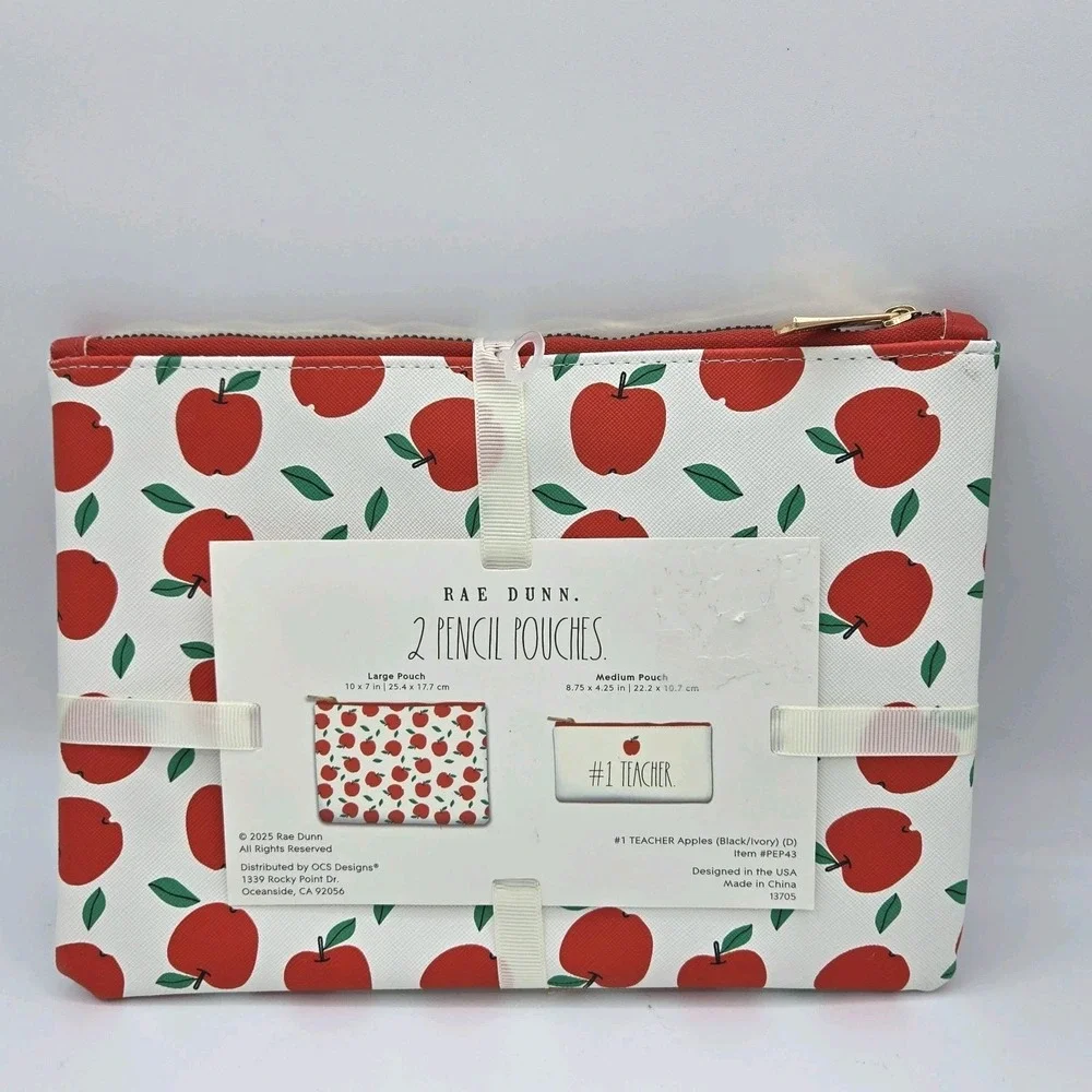 Rae Dunn Teacher Appreciation Themed Pencil Pouch Set Apple Print Gift‎ New